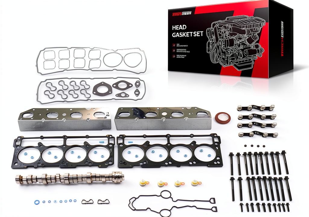 Engine gasket kit components laid out on a workbench